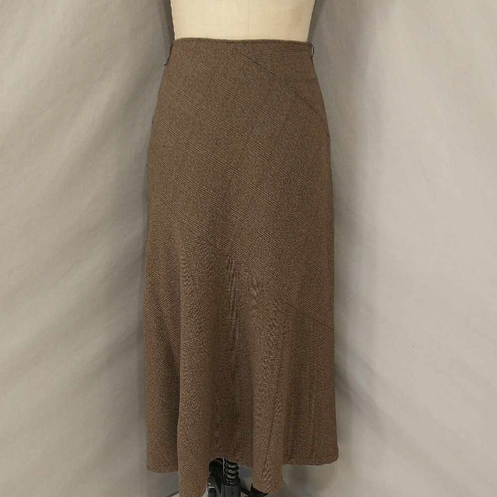 Brown Plaid Tweed Look Skirt A Line Flare 34" Long Midi Waist 30" Neutral